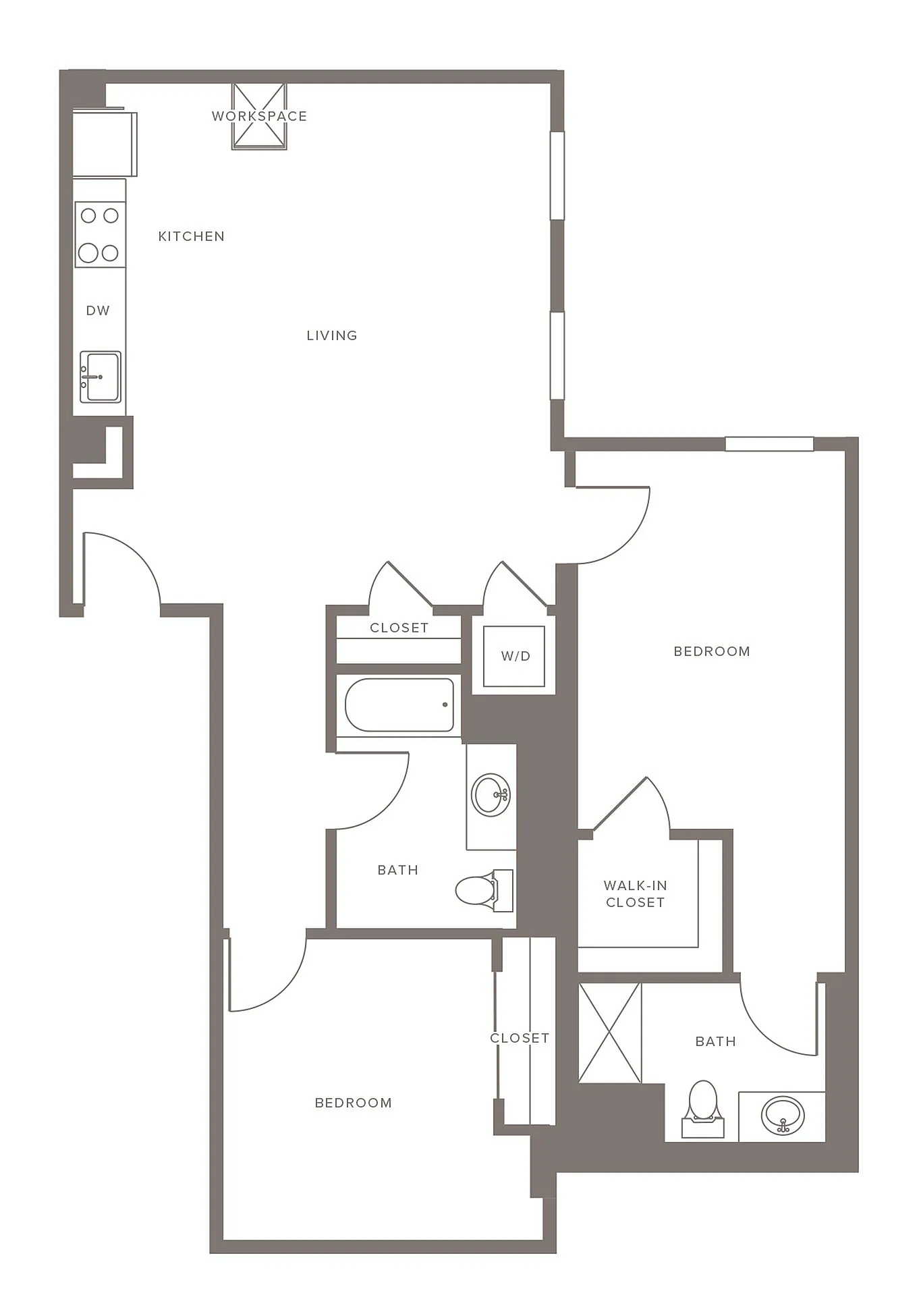 Modern apartment floor plan featuring 2 bedrooms, 2 bathrooms, open kitchen, and living area with dedicated workspace.