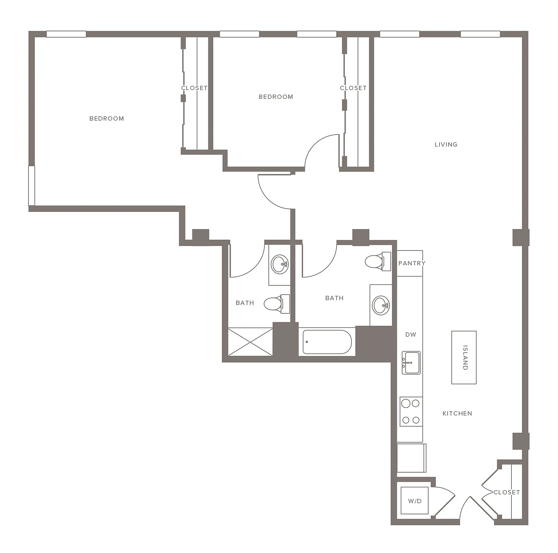 Elegant floor plan showcasing 2 bedrooms, 2 bathrooms, open-concept living area, modern kitchen with island, and storage closets, ideal for stylish living.