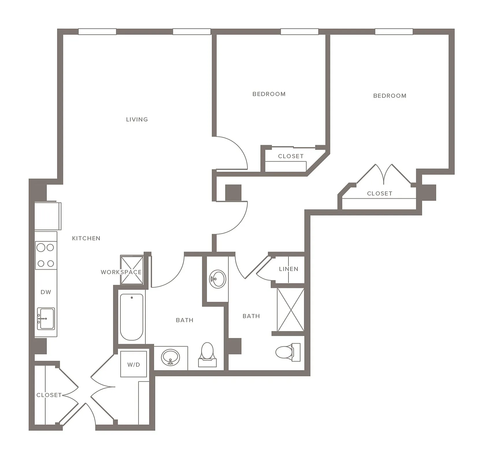 Charming 2-bedroom floor plan featuring a cozy living area, modern kitchen, two bathrooms, and ample storage space.