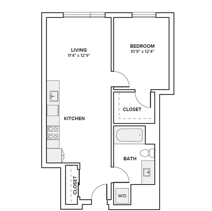 Modern apartment floor plan with one bedroom, open kitchen, spacious living area, and full bath.