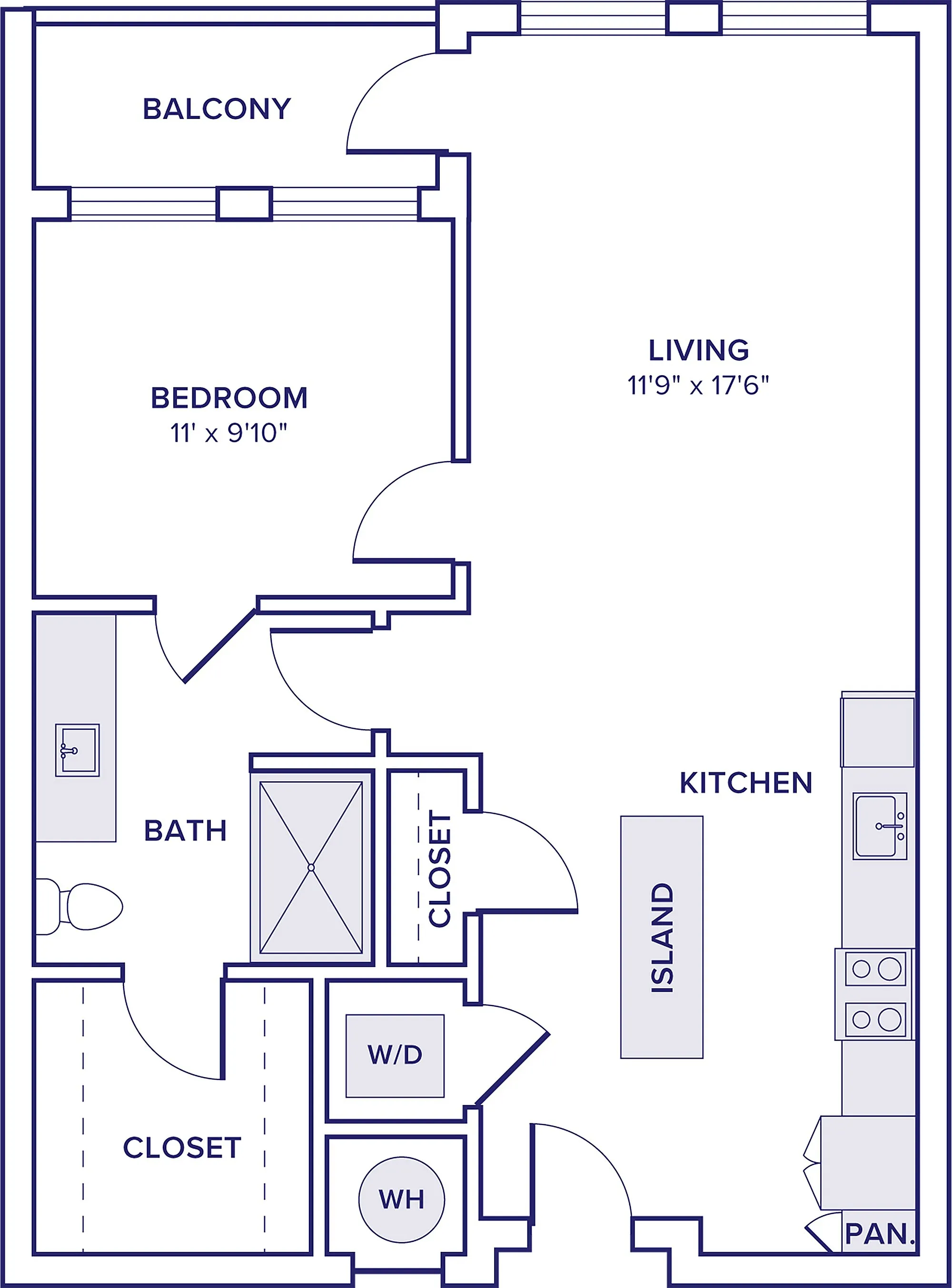 Modern floor plan featuring 1 bedroom, open living area, stylish kitchen with island, and private balcony.