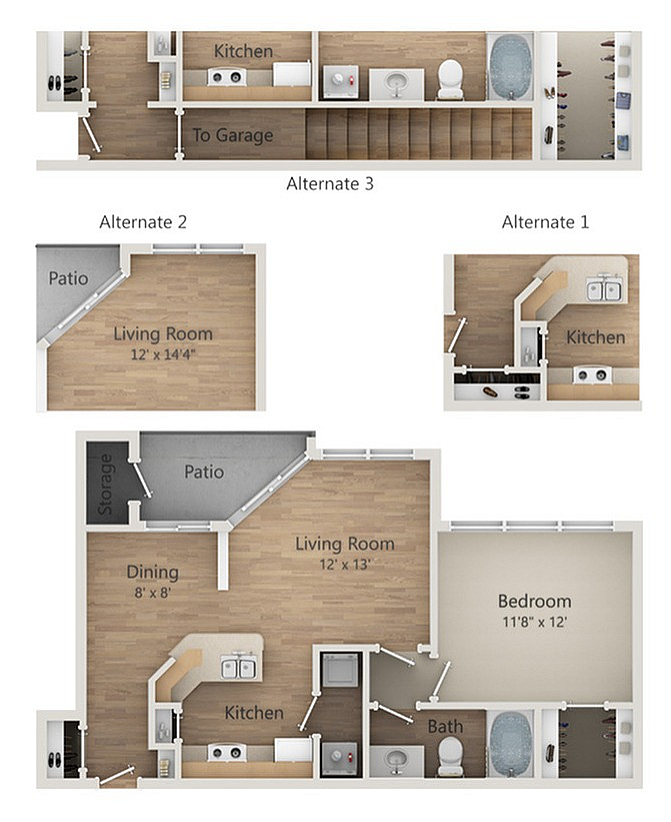 Versatile floor plan showcasing alternate layouts with a spacious living room, modern kitchen, and private patio area.