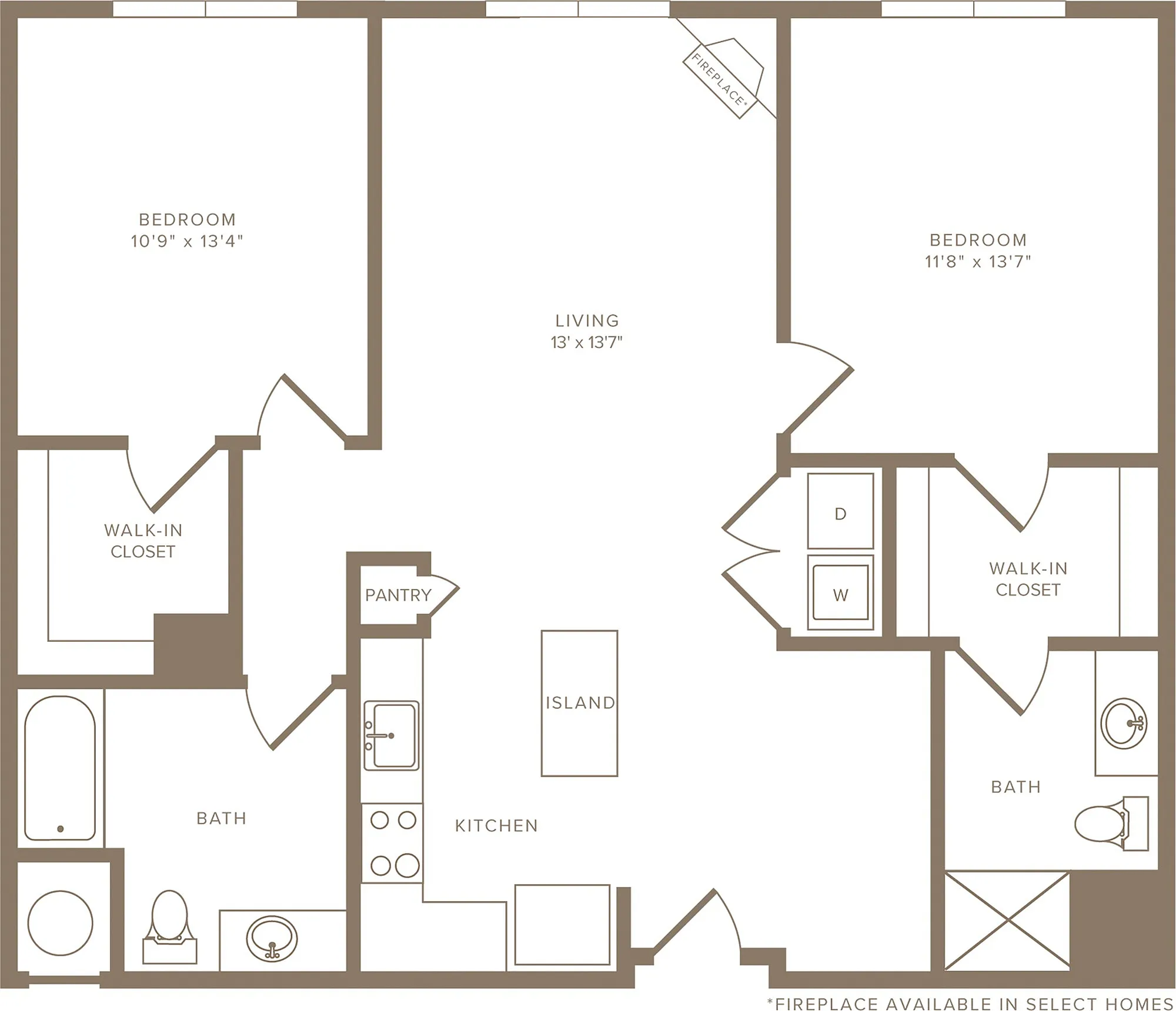 Chic floor plan featuring 2 spacious bedrooms, open living area with a fireplace, modern kitchen with island, and dual walk-in closets.
