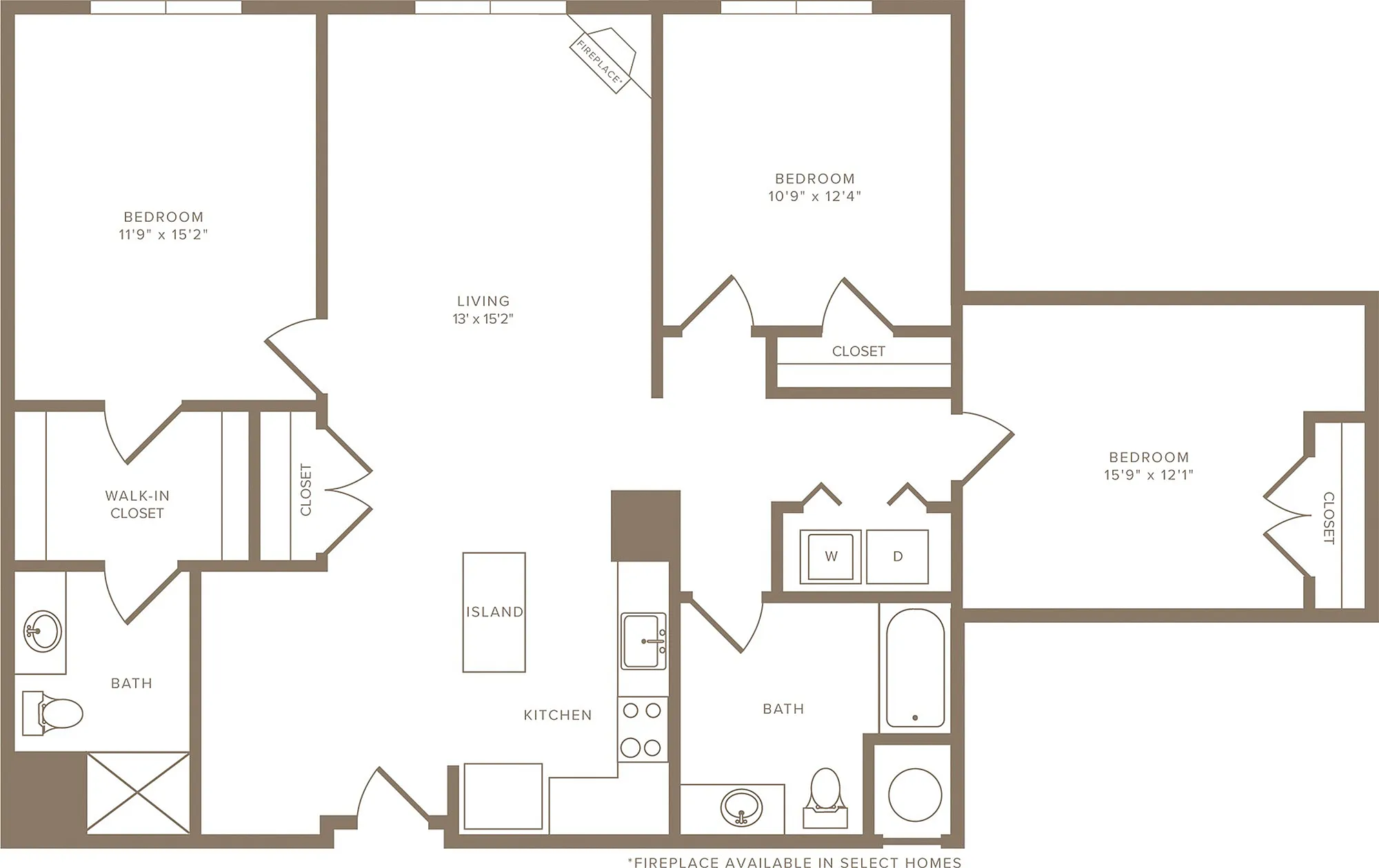 Modern apartment floor plan featuring three spacious bedrooms, a cozy living area with a fireplace, an open kitchen with an island, and two elegant bathrooms.