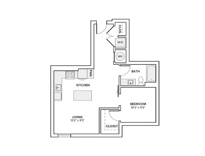 Charming 1-bedroom apartment floor plan with a modern kitchen, cozy living area, and convenient bath and closet space.