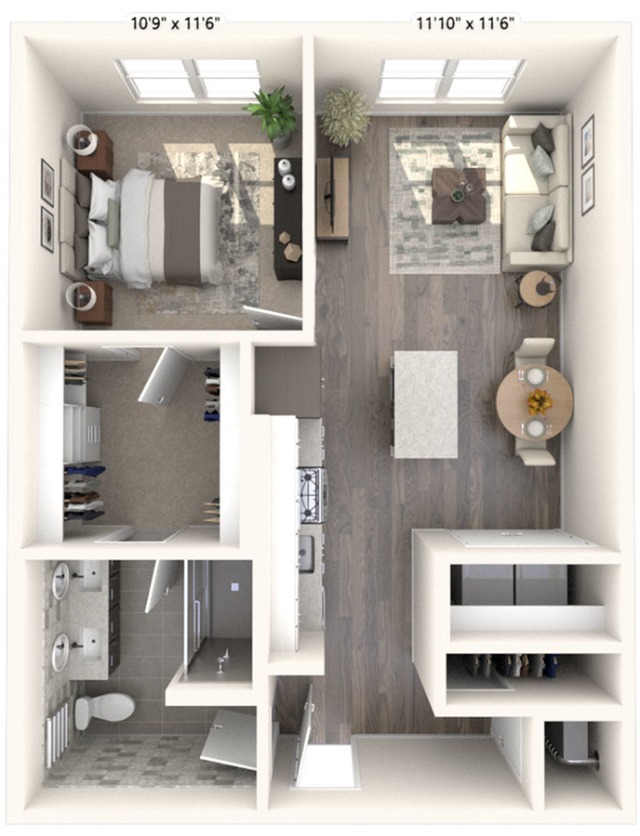 731 to 744 square foot one bedroom one bath apartment floorplan image