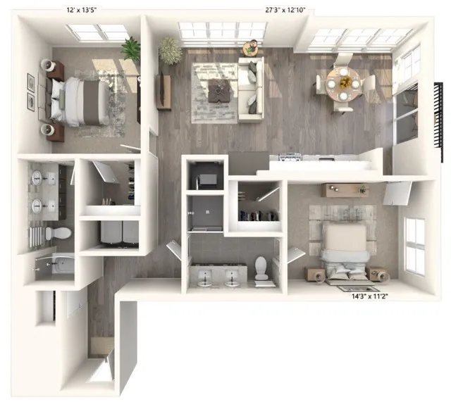 1180 to 1191 square foot two bedroom two bath apartment floorplan image