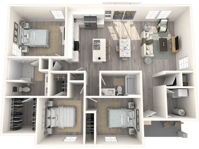 1275 square foot three bedroom two bath floorplan image