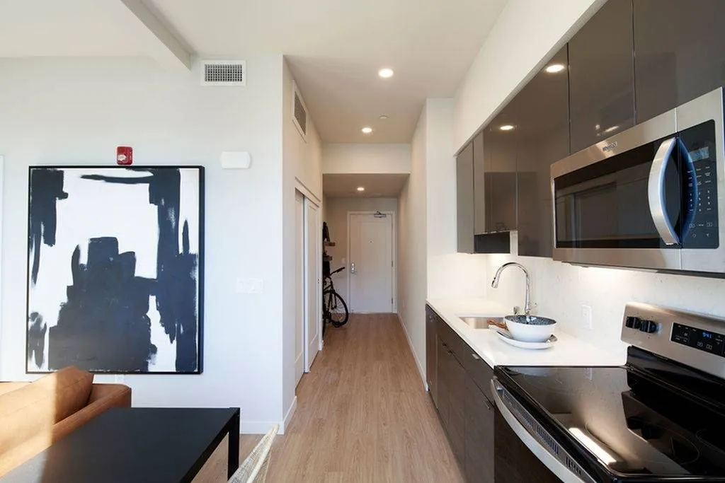 Galley-style kitchen and entryway