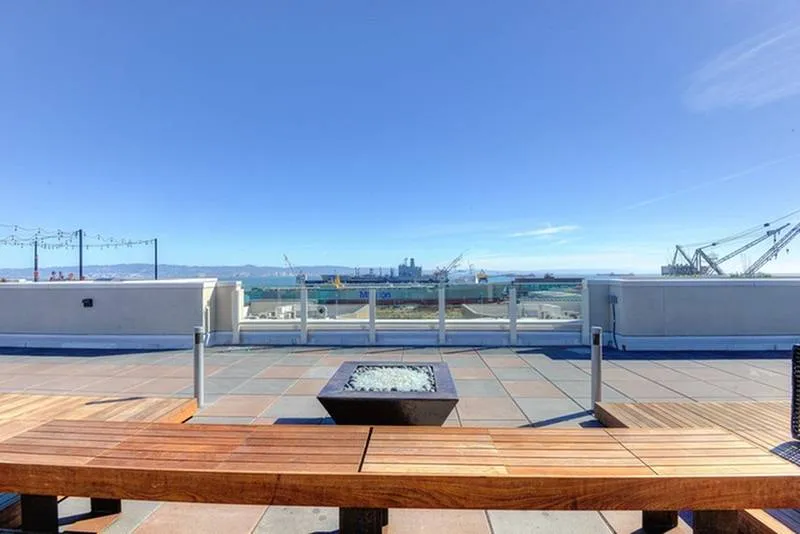 Rooftop fire pit overlooking San Francisco Bay