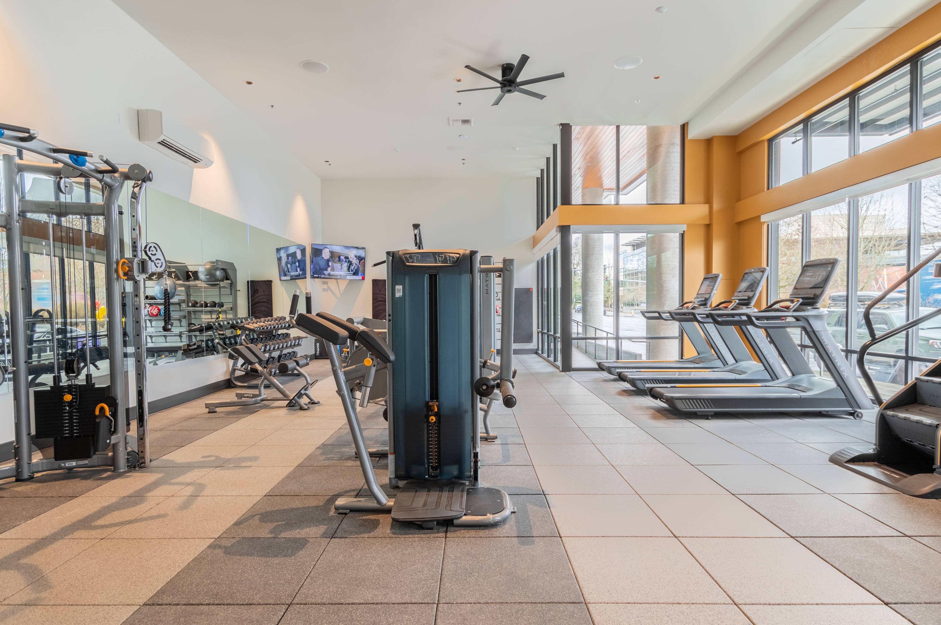 Gym area with cardio and weight stations and mirror on one wall with large glass walls on the other wall