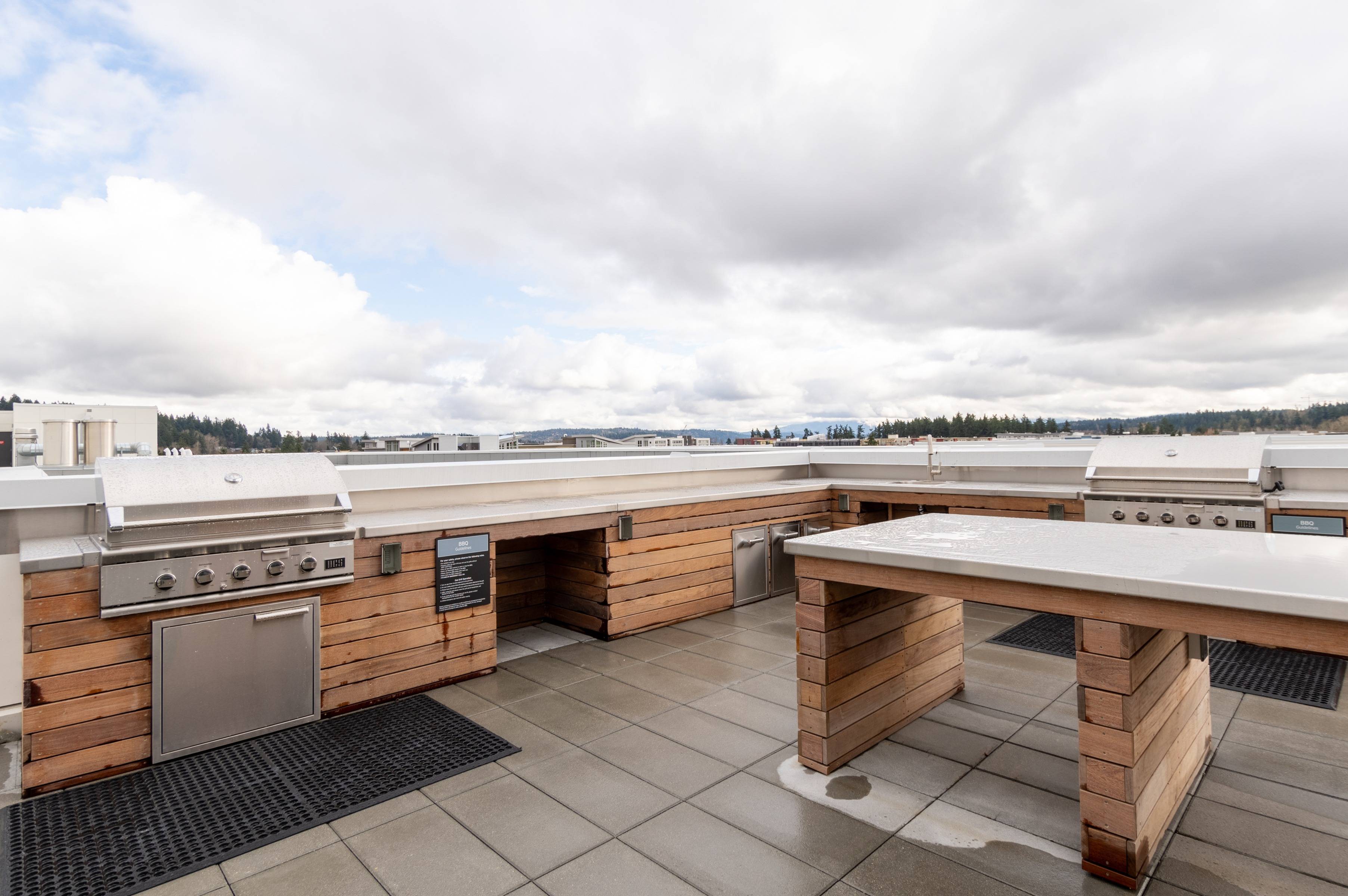 Rooftop grilling area with large prep table and 2 grills overlooking the hills