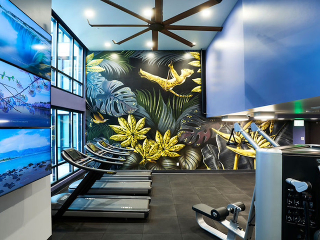 Fitness center with treadmill with cardio theatre