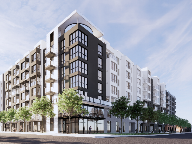 Modera San Diego exterior rendering from street view showing all levels