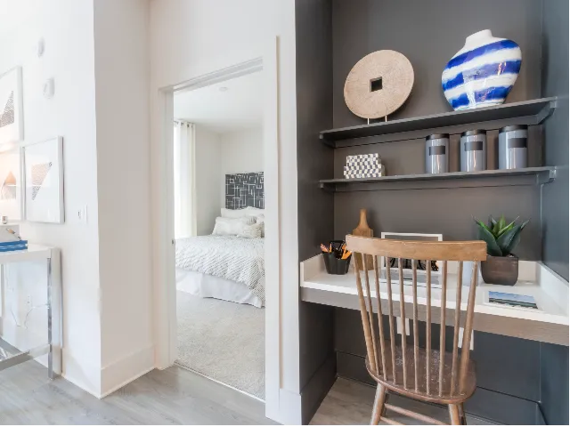 Business nook with open display shelving