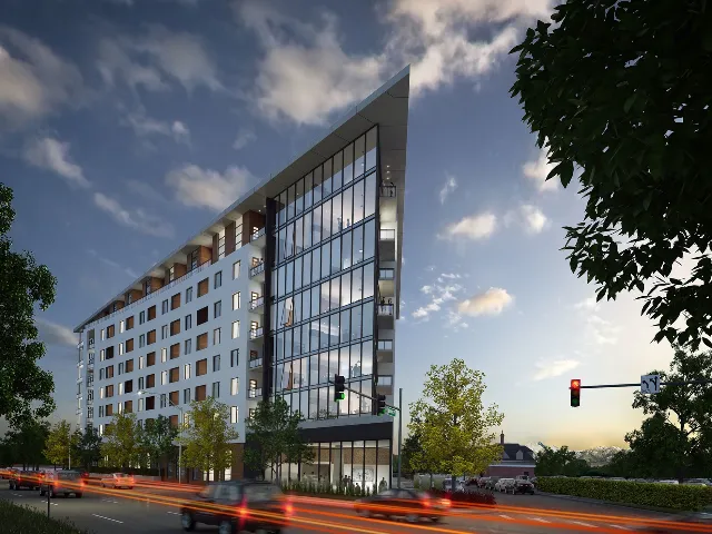 Exterior rendering of entire building, showing all floors