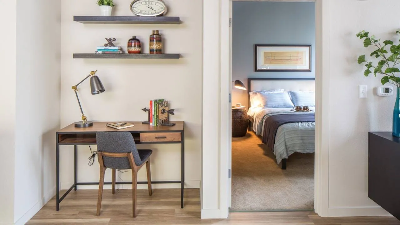 Nook with desk and floating shelves