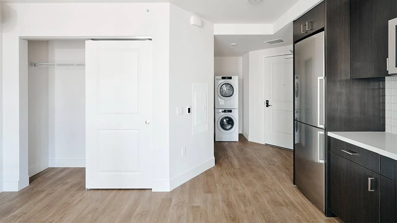 Dark cabinetry with full-size washer and dryer in the background and studio layout showing closet
