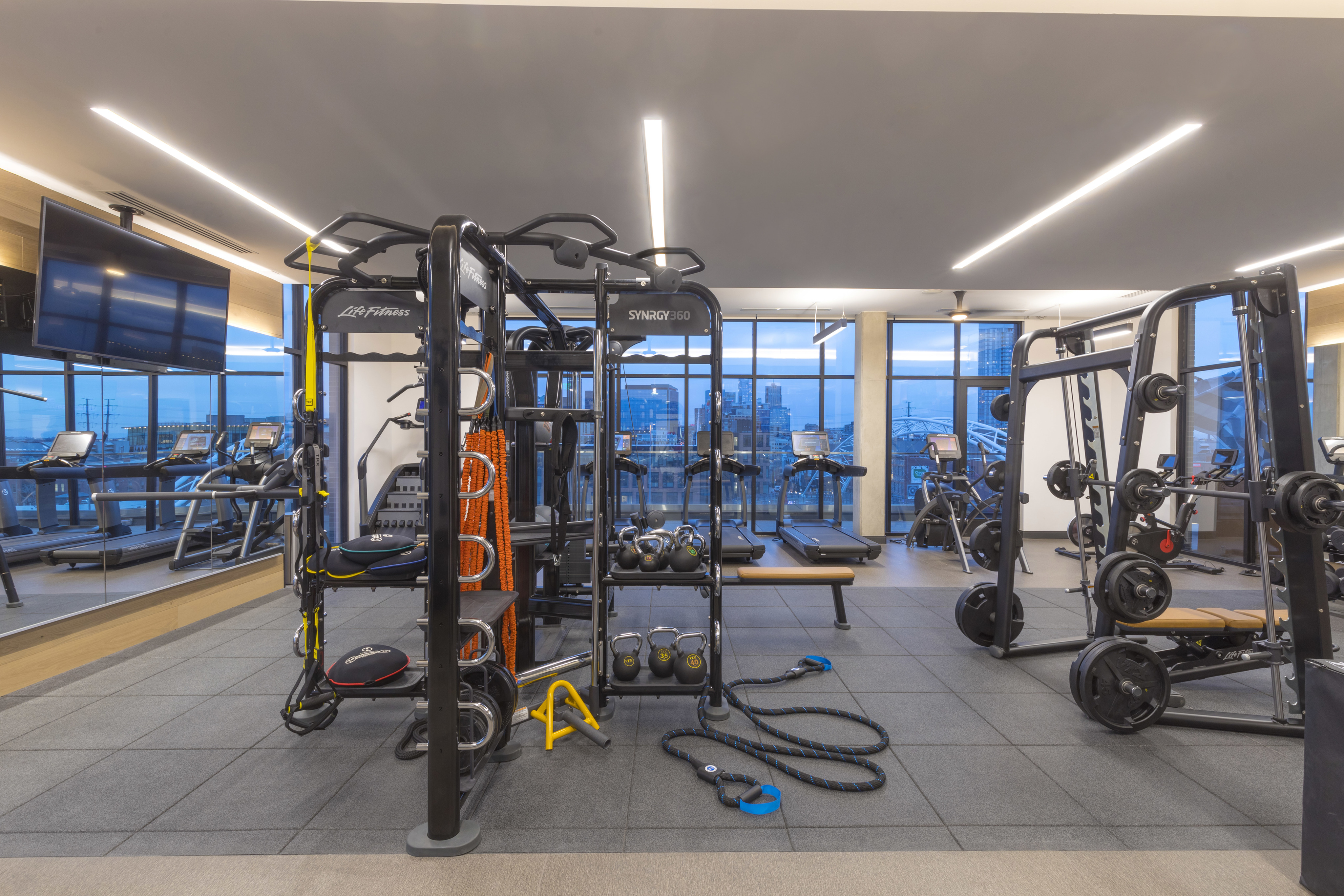 HIIT inspired fitness center featuring TRX equipment, weight machines, and city views