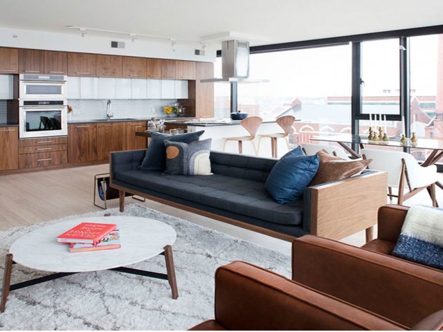Kitchen Open to Living Room with Floor to Ceiling Windows