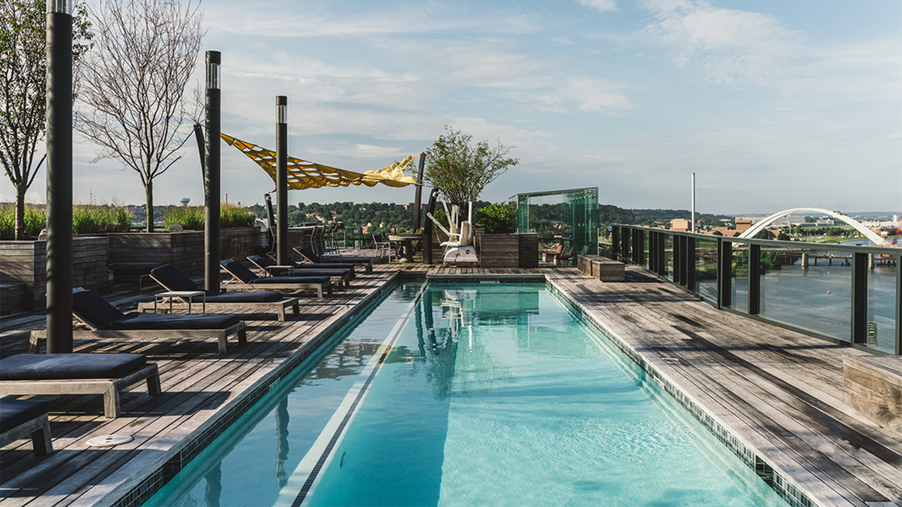 25 yard lap pool on rooftop at Arris Apartments overlooking Anacostia River