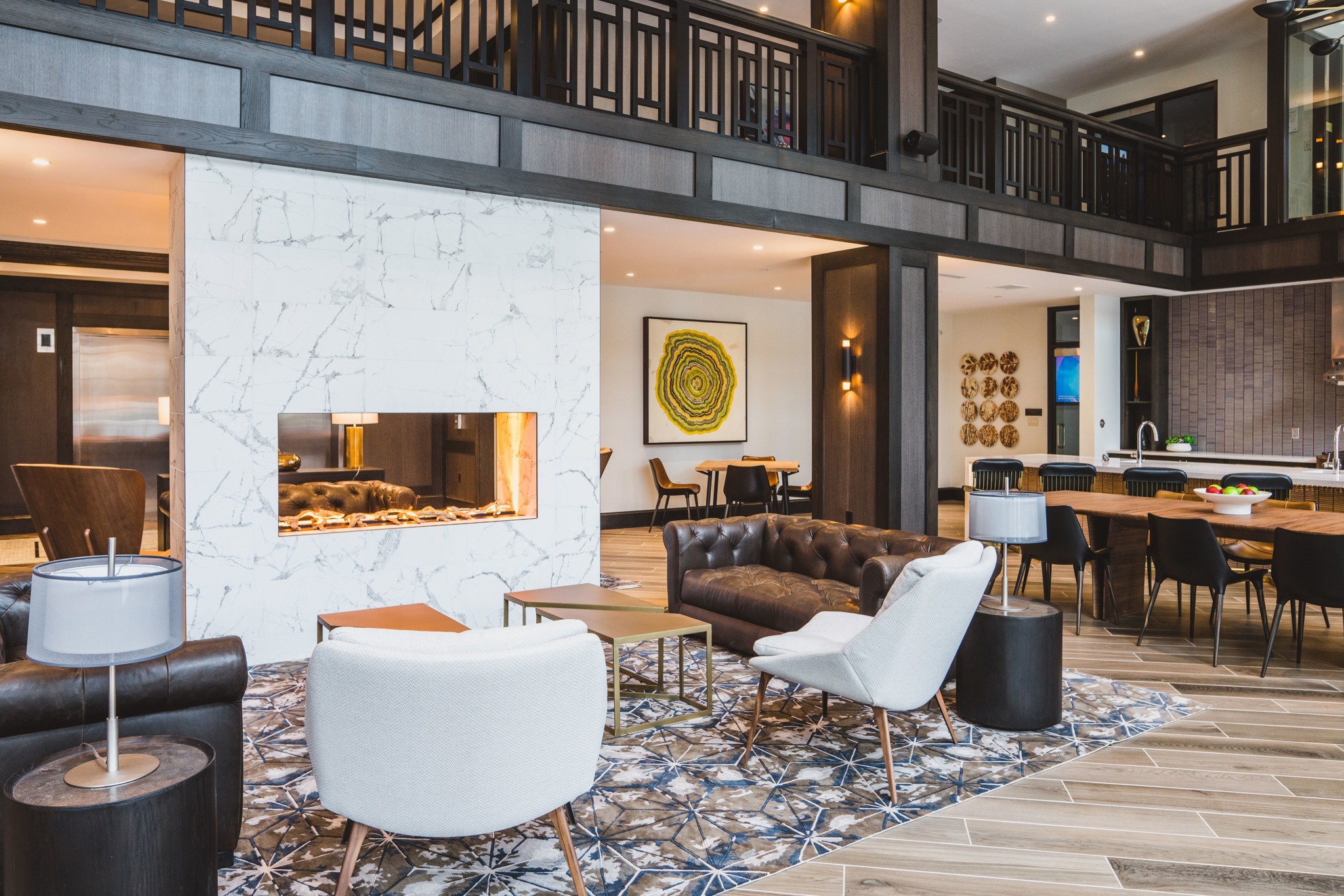 clubroom with demonstration kitchen at modera decatur apartments georgia