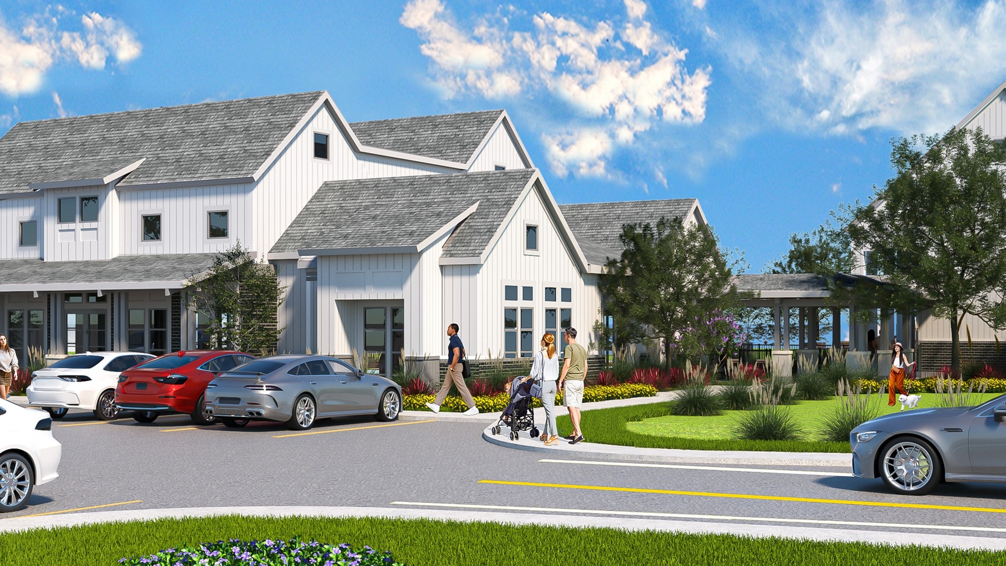 rendering of modera georgetown with people walking around the neighborhood