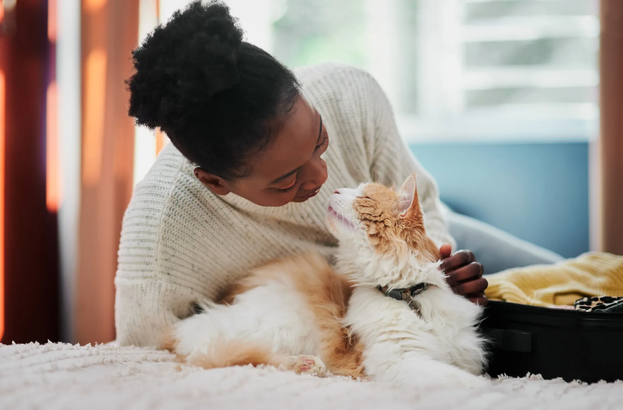 woman looking at cat modera trinity dallas apartment homes for rent in texas