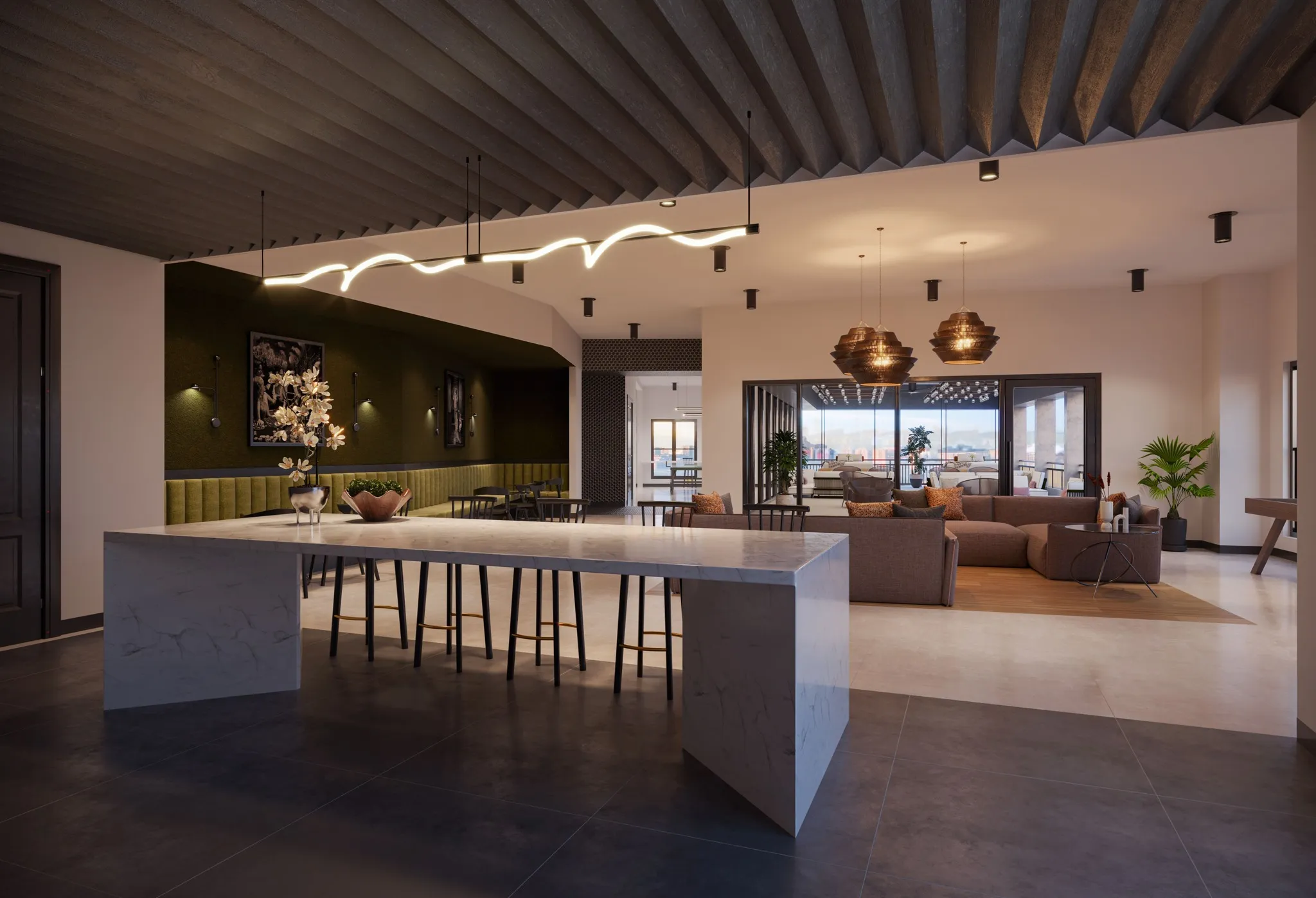 spacious workfrom home resident lounge with premium seating and finishes modera riverview apartment homes for rent in tn rendering
