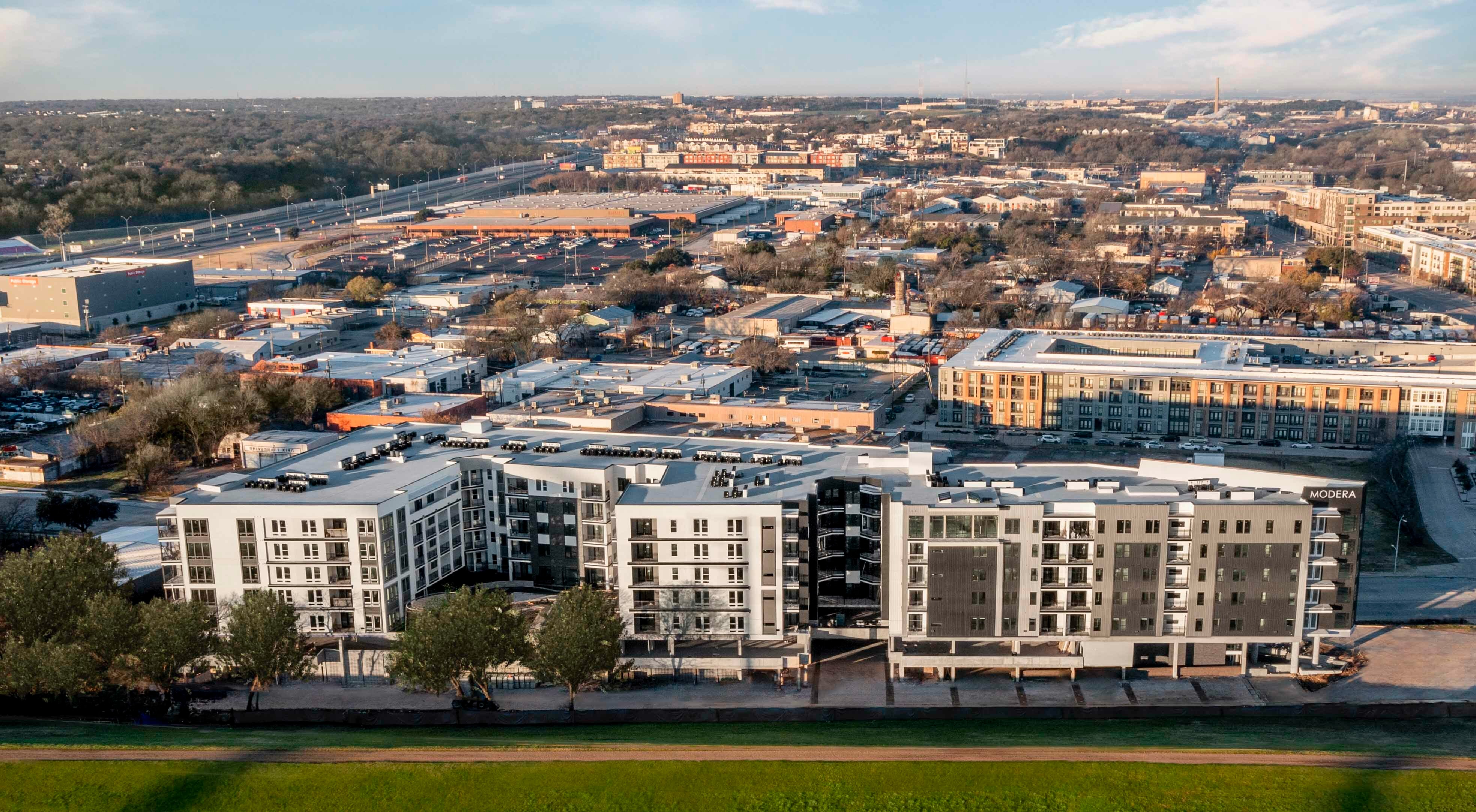exterior arial view of modera trinity apartments in dallas tx