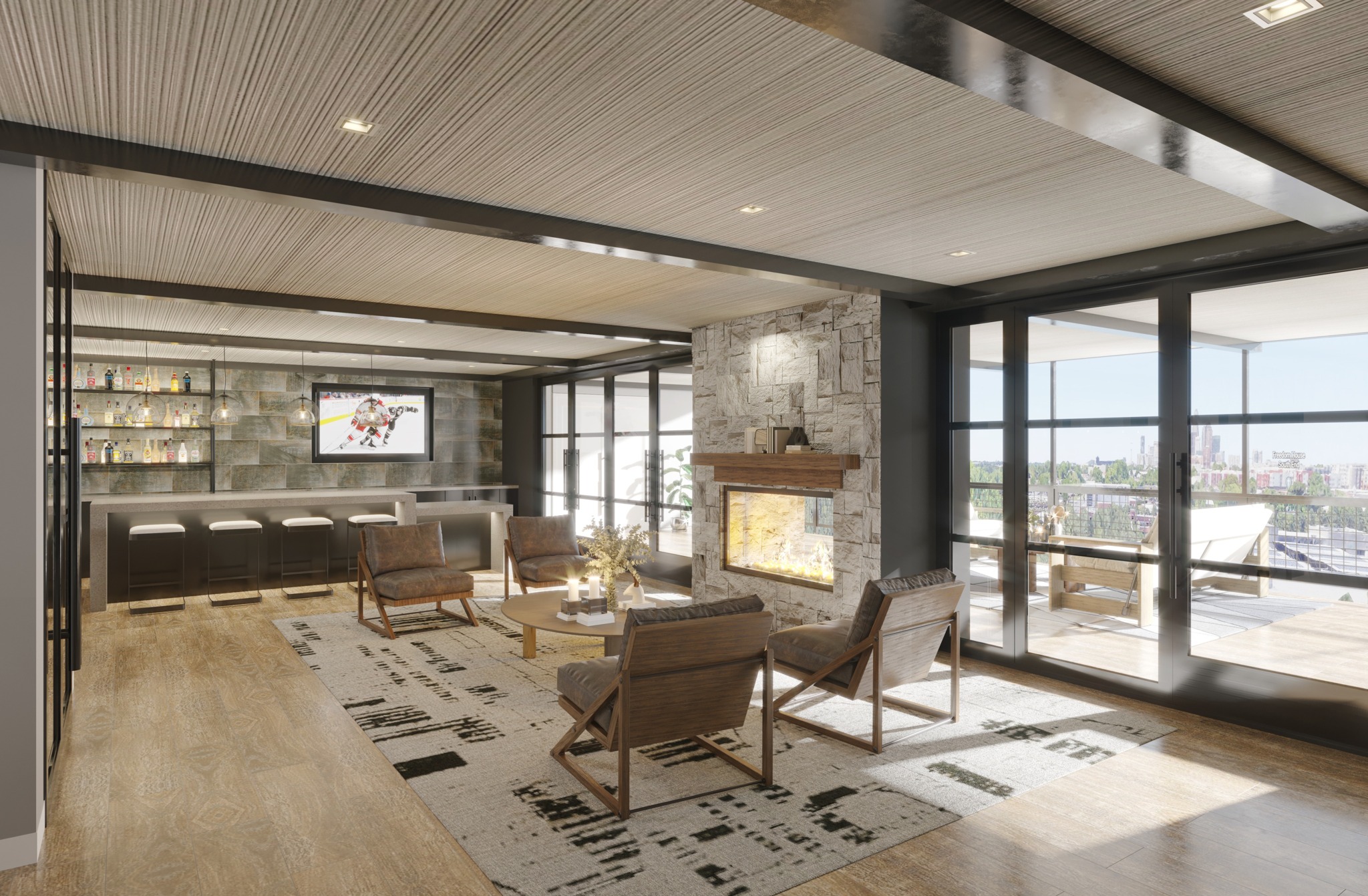 rendering of amenity room with city views modera loso apartment homes for rent in charlotte nc