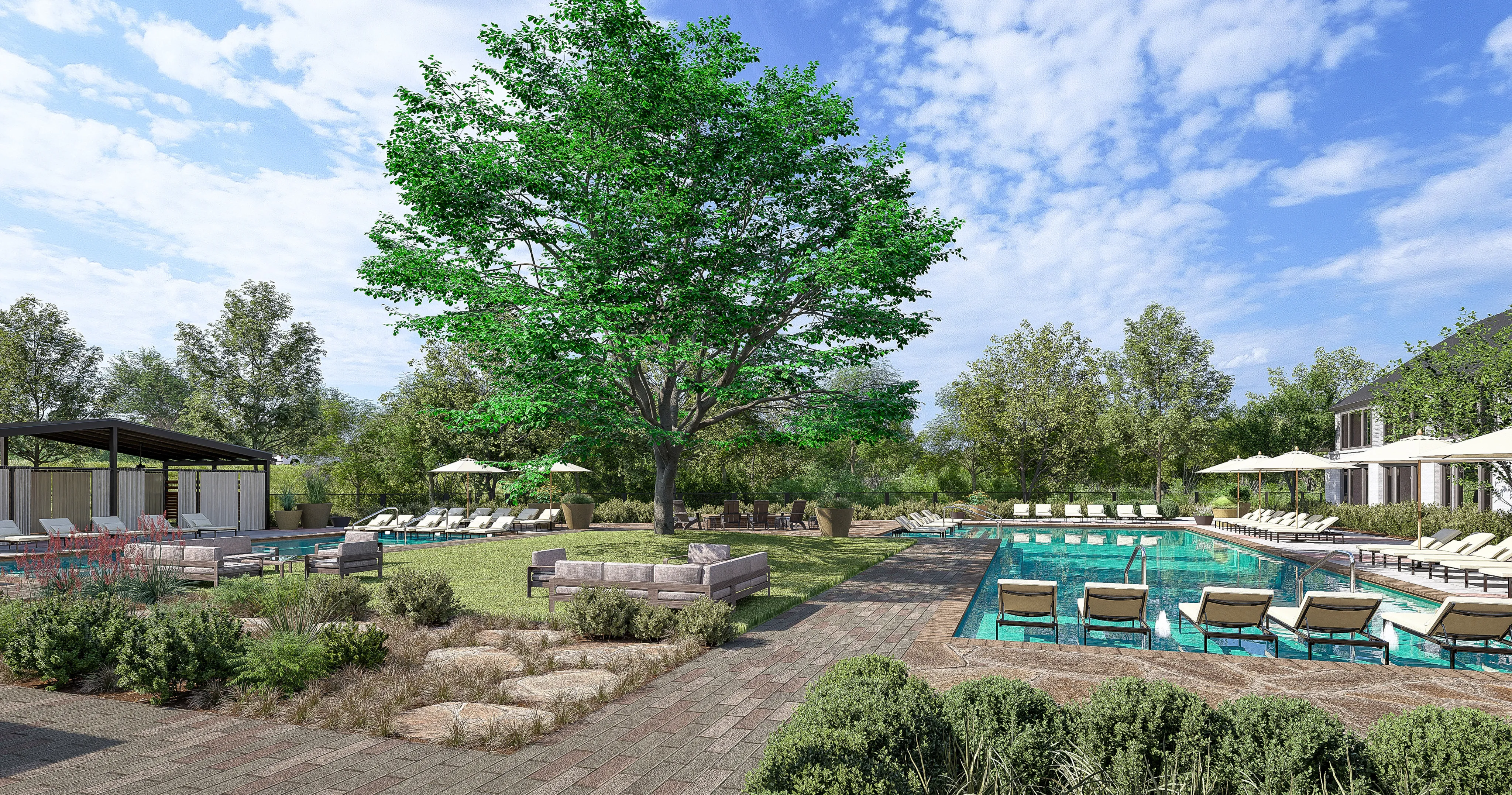 two pools with large tree in between modera mckinney ridge apartment homes for rent in tx