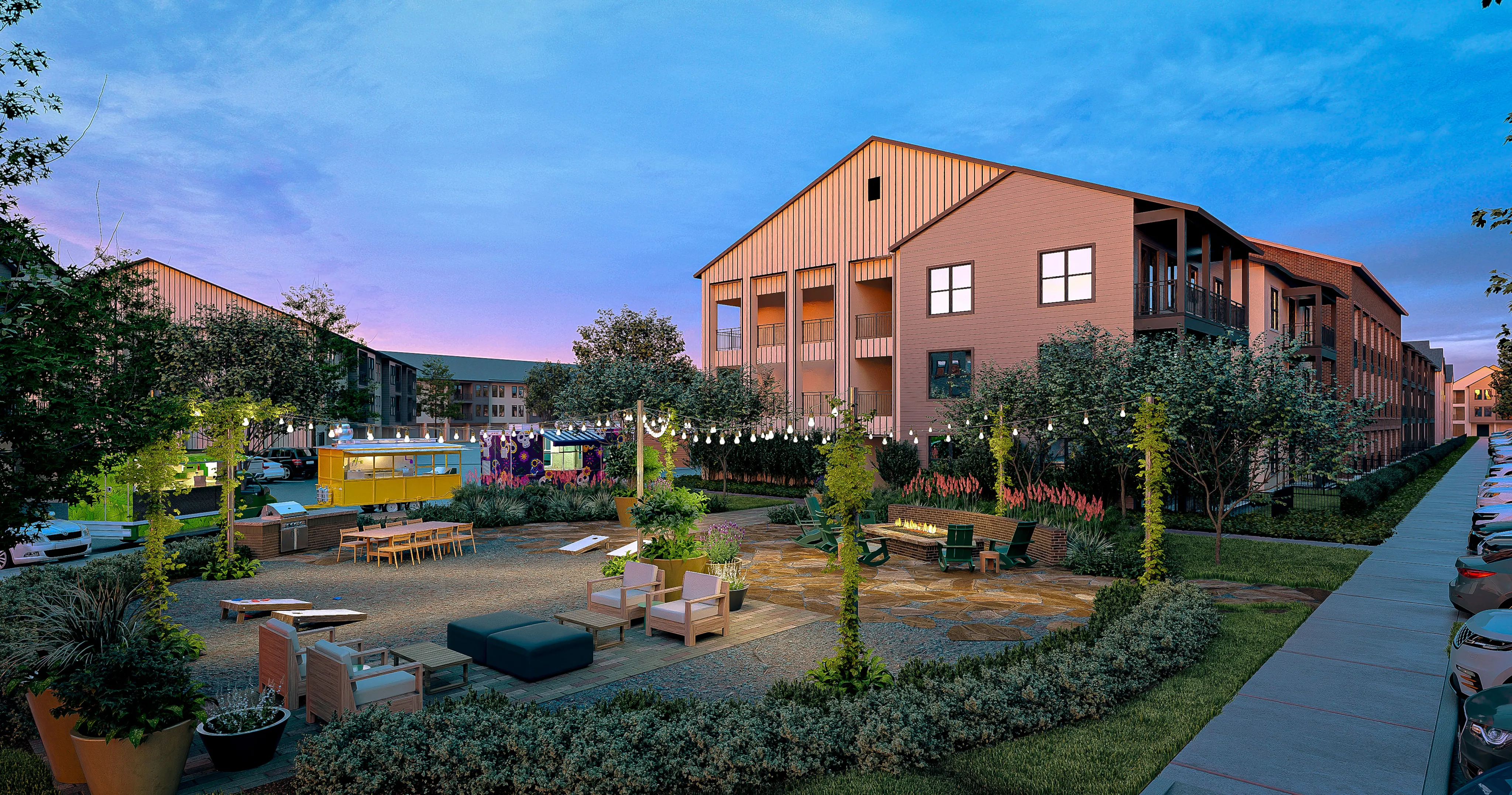 beer garden in courtyard at night modera mckinney ridge apartment homes for rent in tx