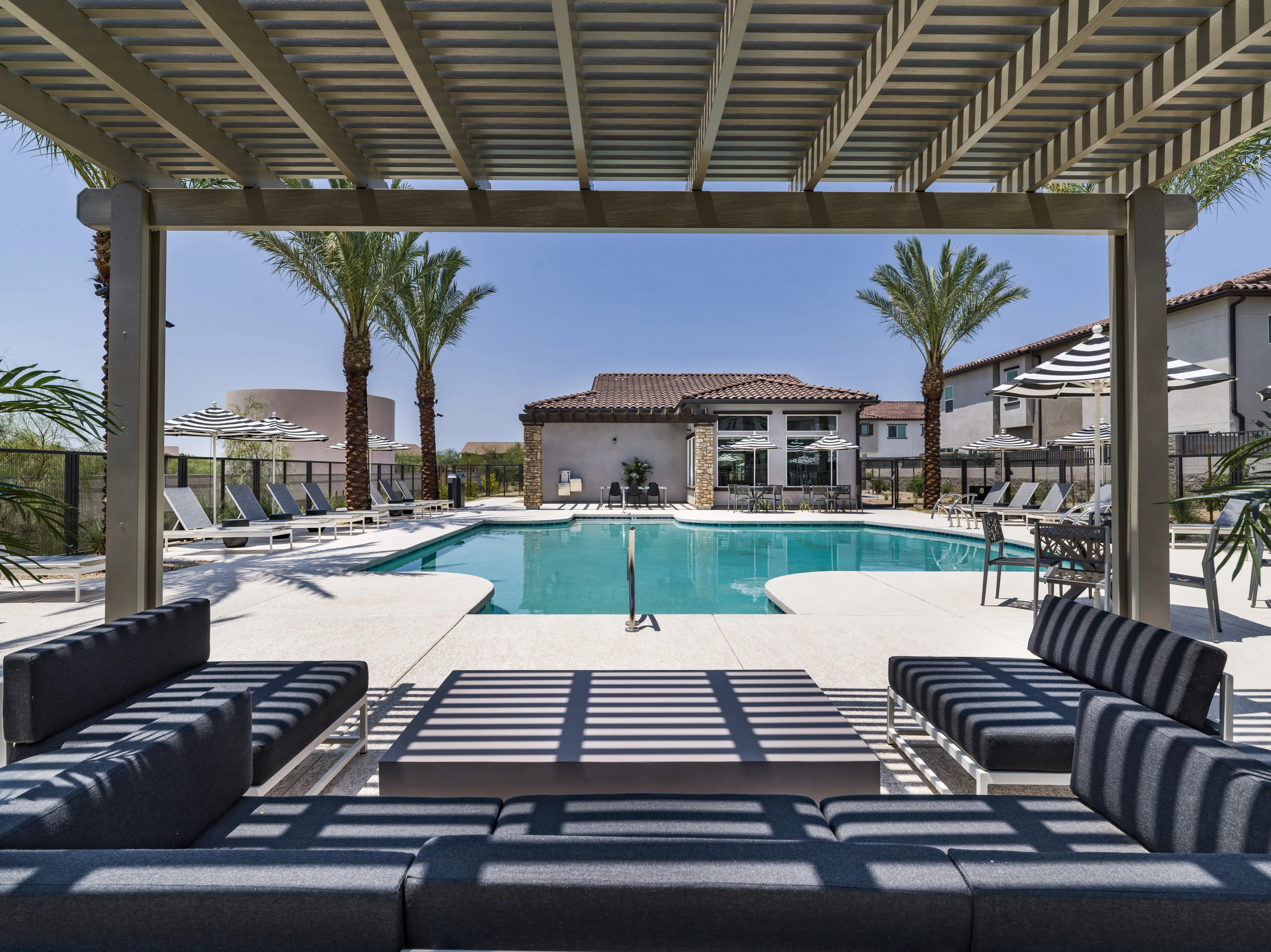 Resort-style pool and covered pergola rendering at amavi aster ridge single family homes for rent in phoenix arizona
