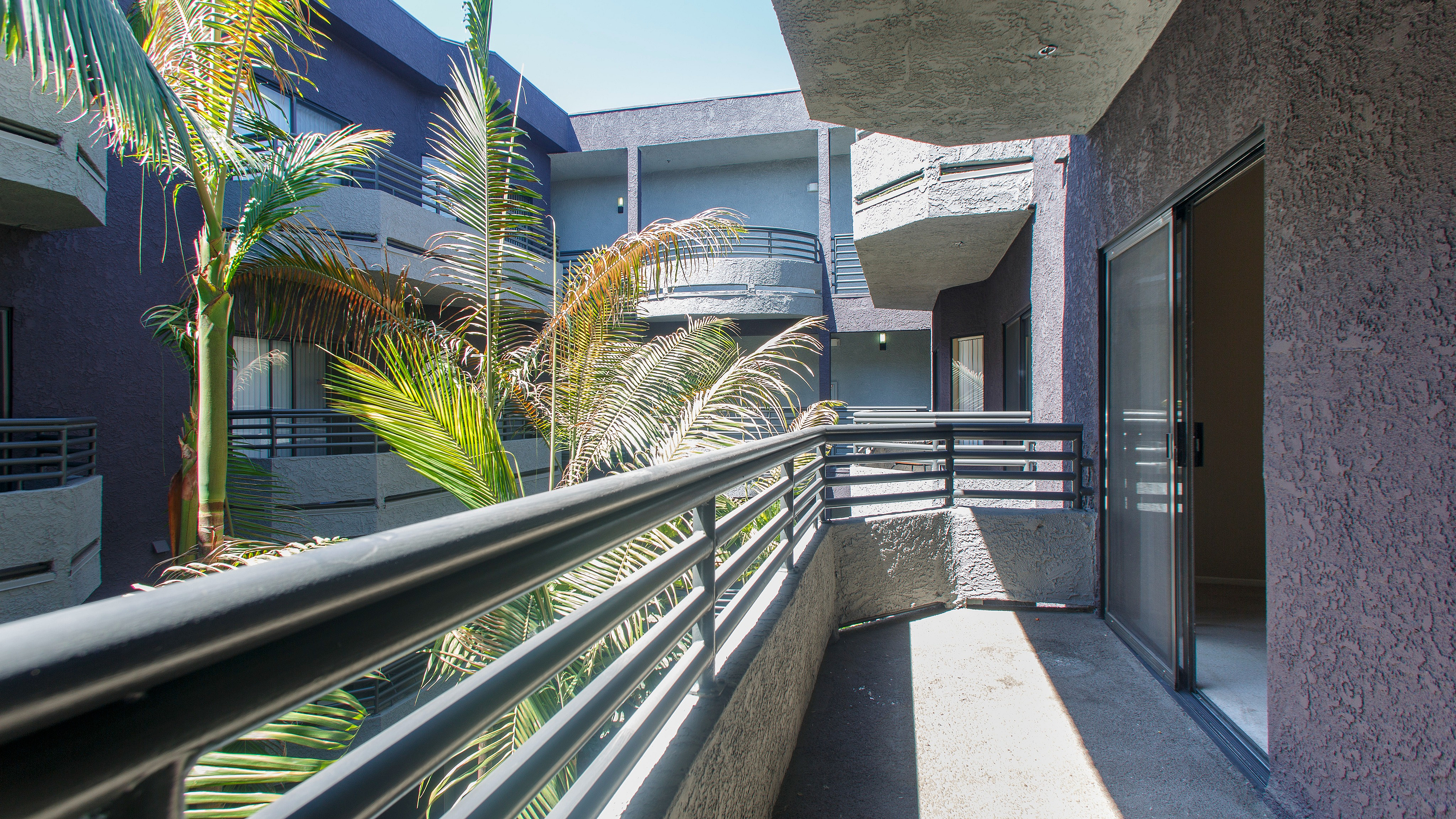 Charming apartment balcony with sleek rails and lush palm tree views, offering a serene outdoor space.