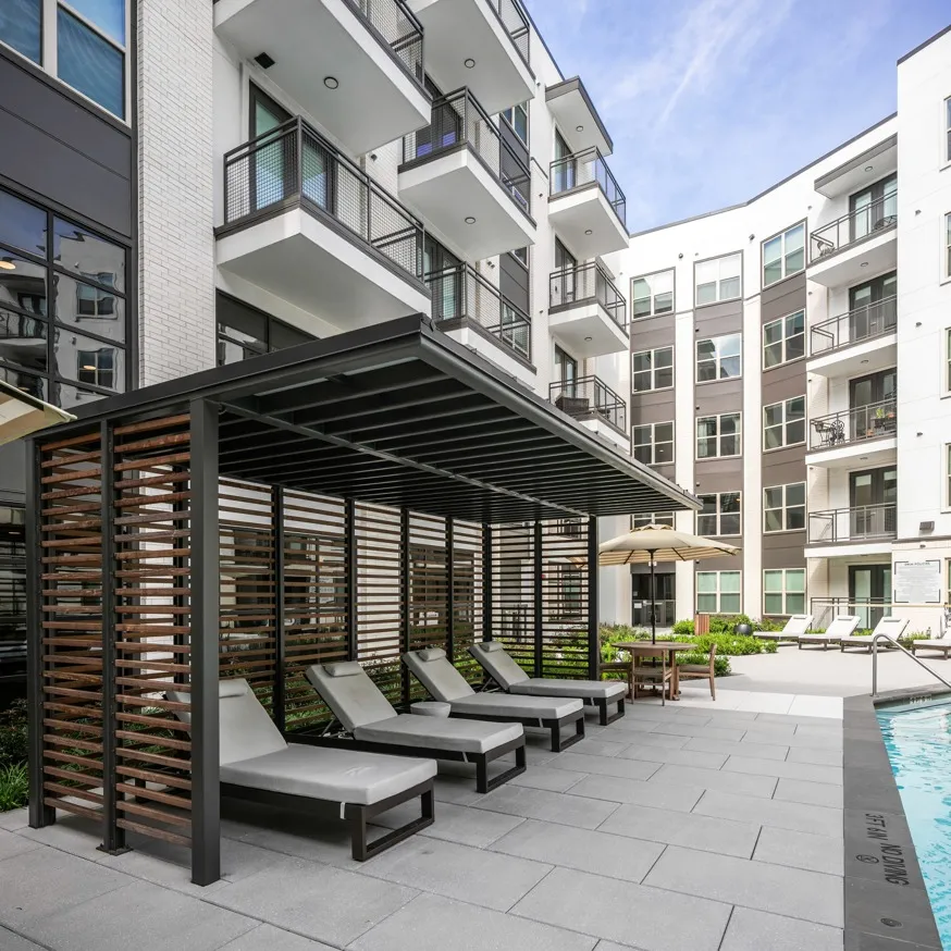 covered pool lounge seating modera six pines apartment homes for rent in texas