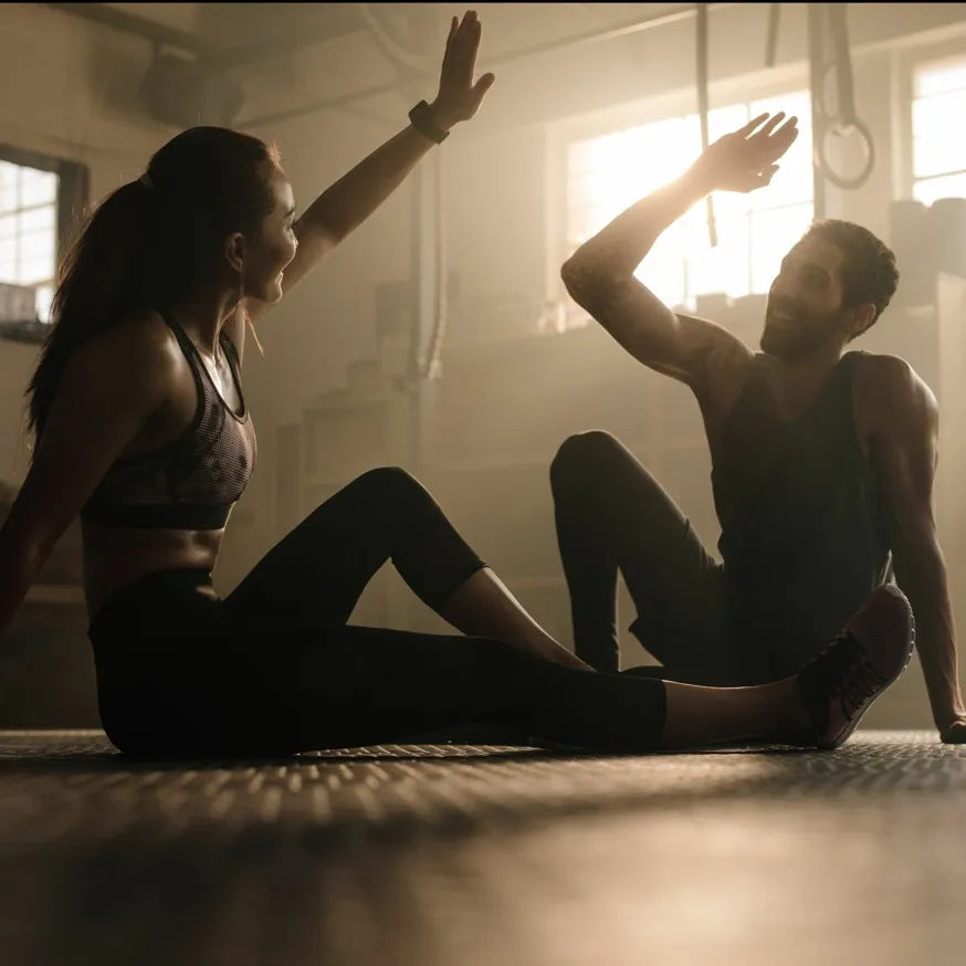 man and woman high-fiving after a workout