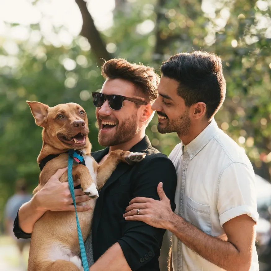 Male couple holding dog outside