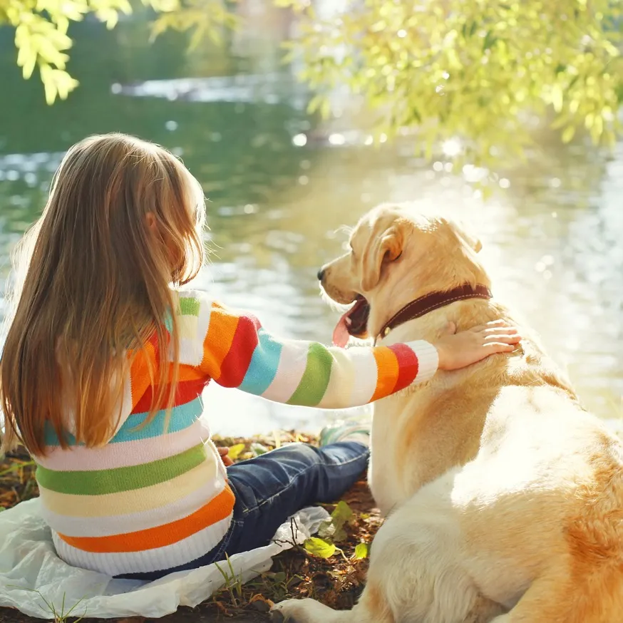 dog and kid sitting in sun together beckett west fork apartment homes for rent in tx