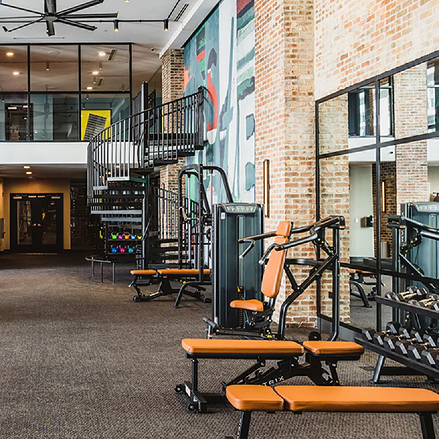 Modern fitness center with state-of-the-art gym equipment, natural lighting from large windows, brick accents, and contemporary design aesthetics.