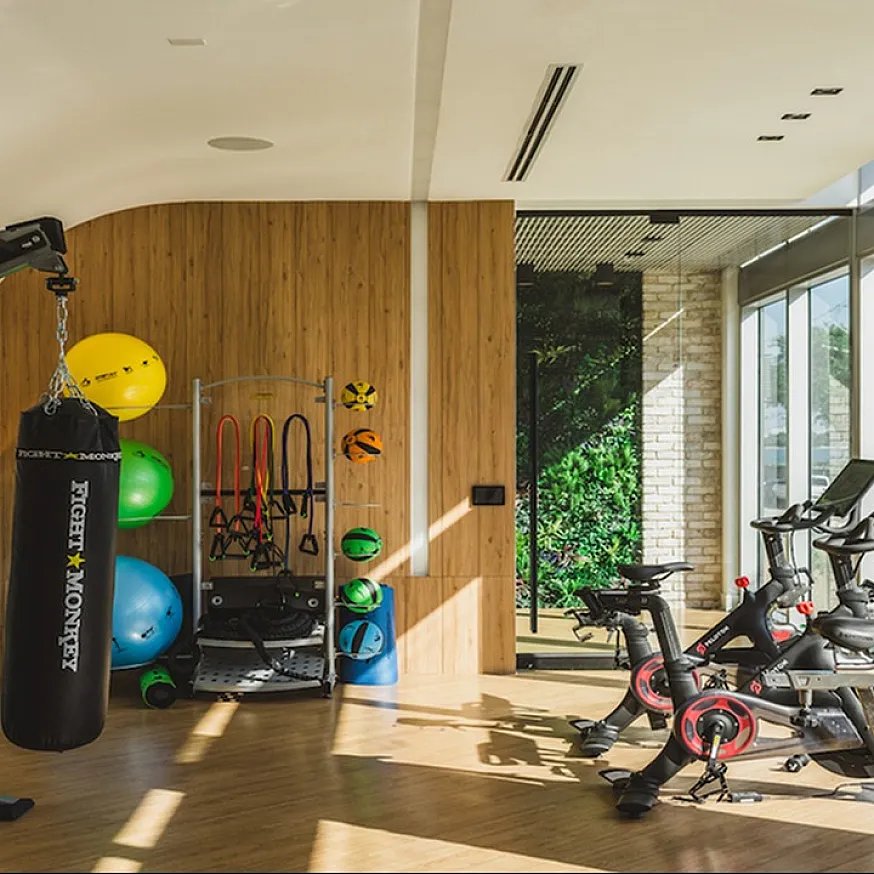 Bright and modern gym featuring stationary bikes, boxing bag, and vibrant exercise equipment in a sunlit space with large windows and stylish wood accents.