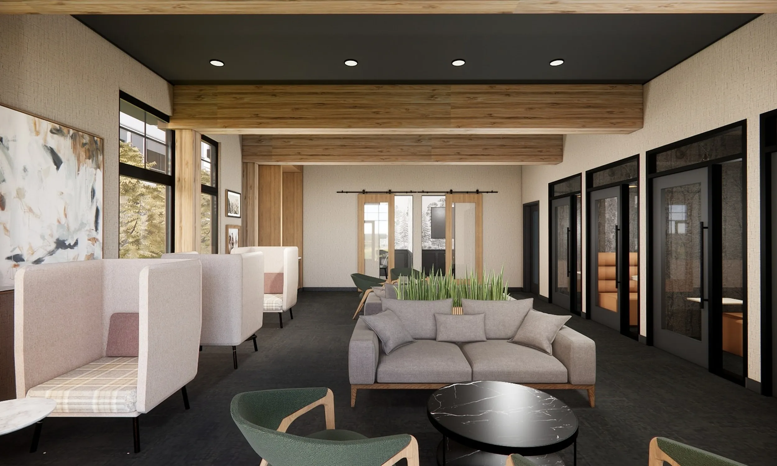 Chic modern lounge area with cozy seating, elegant decor, and large windows for natural light modera bridle trails apartments for rent in kirkland wa