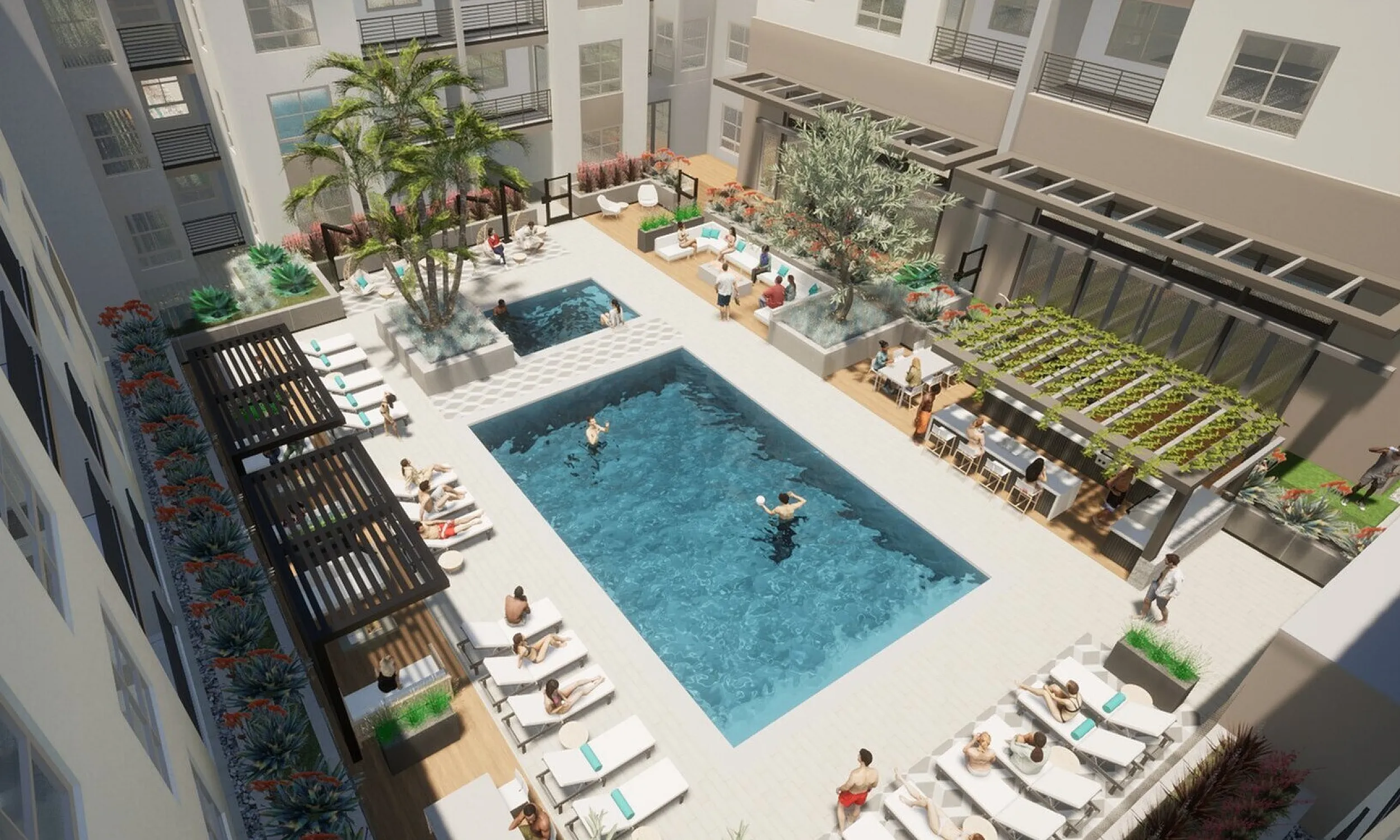 Luxurious apartment complex courtyard featuring a sparkling swimming pool, lush landscaping, and ample lounging areas.