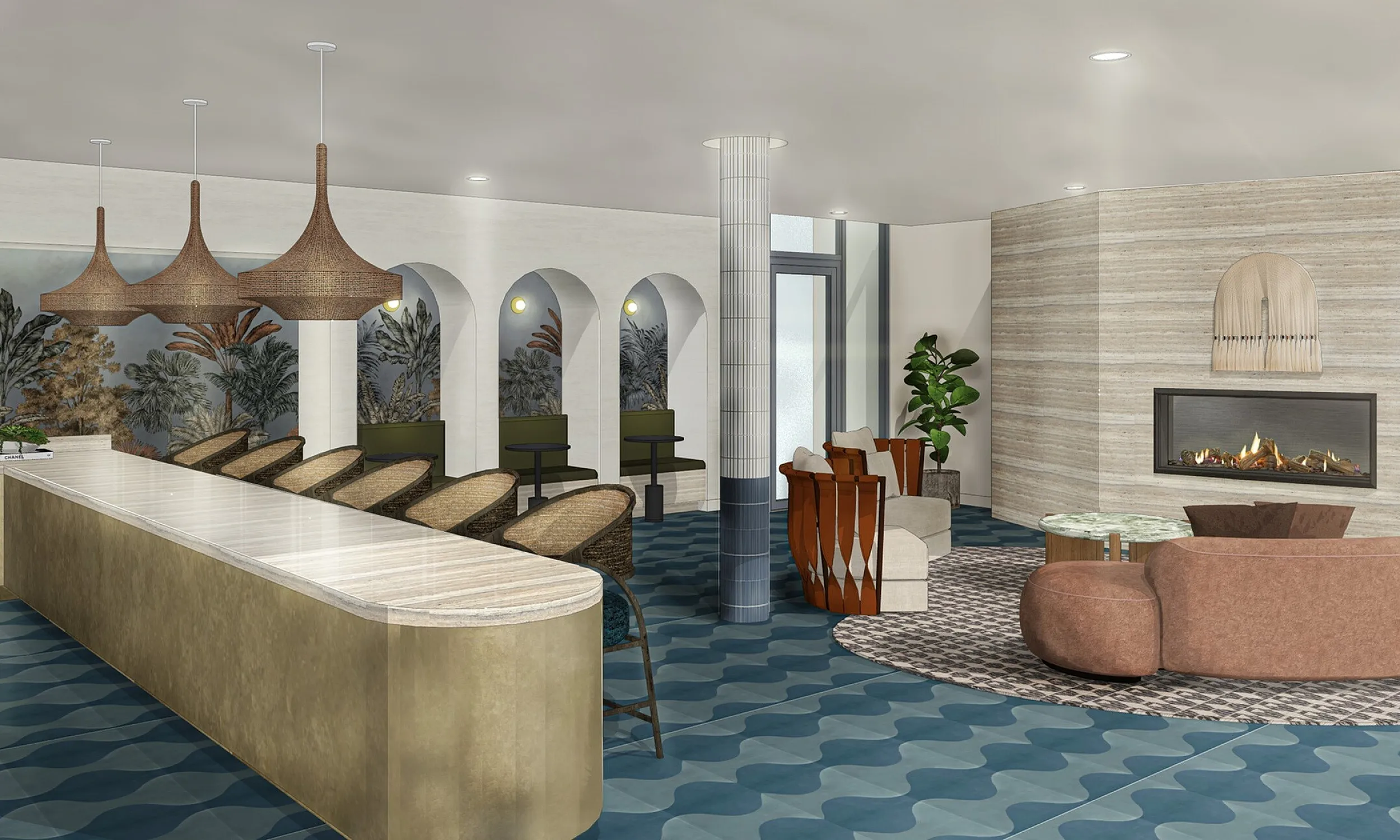 Modern communal area with elegant pendant lights, stylish bar seating, and a cozy fireplace, perfect for relaxation and socializing.