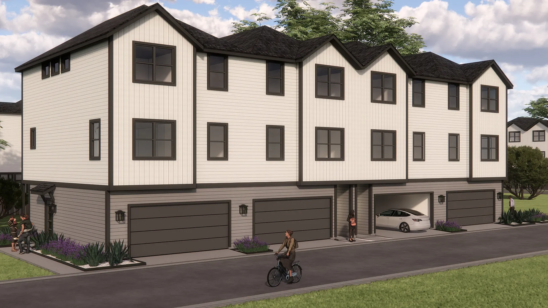 Modern townhouse complex with three stories, stylish exterior, and lush landscaping, featuring spacious garages and a welcoming neighborhood vibe.