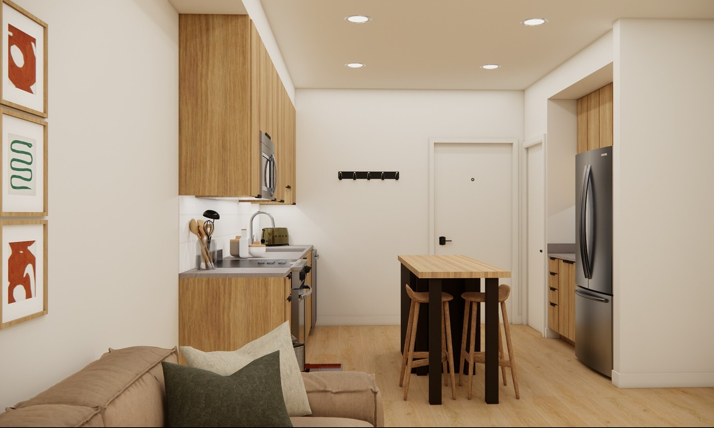 Modern kitchen with sleek wooden cabinets, an island with bar stools, and stylish decor showcasing an inviting open-concept layout.