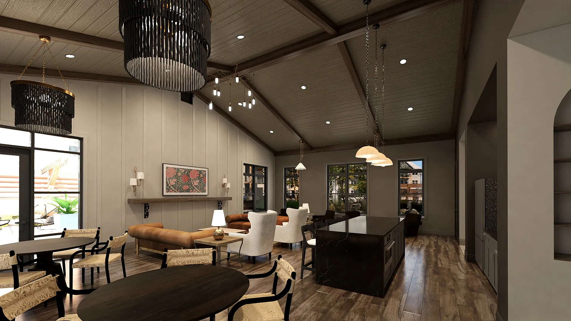 Clubhouse Lounge, Kitchen and Event Space with Vaulted Ceiling