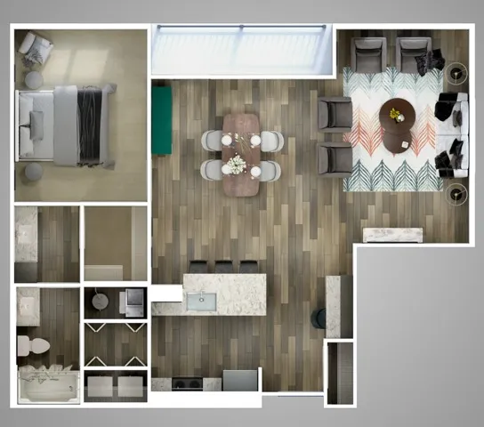 Beck, 100 Frankfort Square, Columbus, OH 43206: Spacious 948+ sq. ft. 1-bed, 1-bath pet-friendly apartment with private balconies, in-unit laundry, and garage parking. Steps from top dining, nightlife, and entertainment in the Brewery District & German Village.