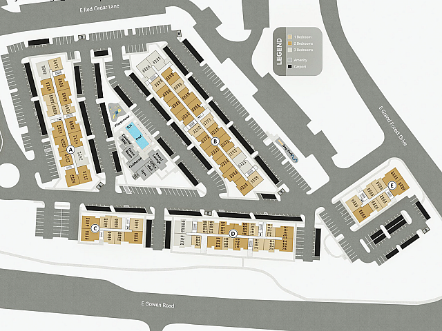 Modern site map of Canyon Ridge showcasing multiple buildings with 1, 2, and 3-bedroom units, a central amenities area featuring a spa, pool, gym, and playground, surrounded by ample parking.