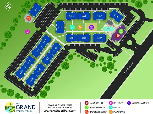 Vibrant aerial layout of The Grand at Shoaff Park showcasing attractive amenities including a pool, volleyball court, basketball area, bark park, and playground set against lush greenery.